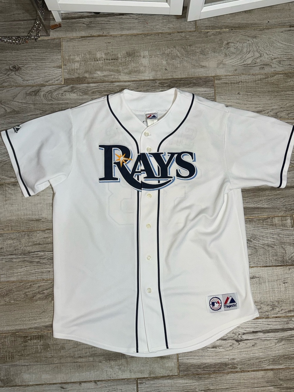 Majestic White Tampa Bay Rays Jersey with Navy and Yellow Logo